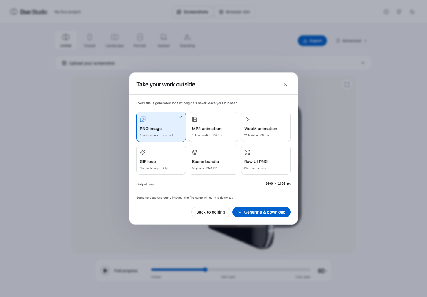 Options d’export PNG, MP4, WebM, GIF et ZIP