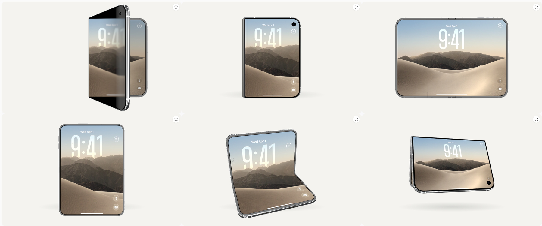 The six device poses in Duo Studio: Unfold, Closed, Landscape, Portrait, Seated and Standing